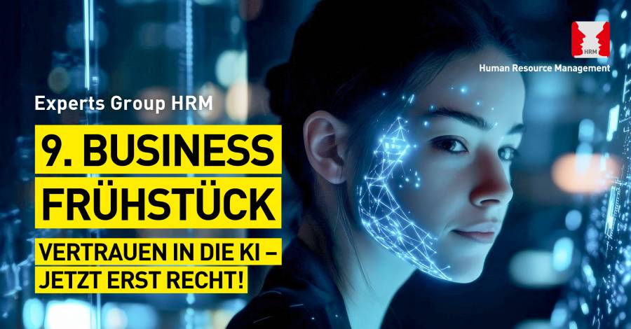 Ankündigung 9 Business Frühstück mit KI-Frau im Hintergrund