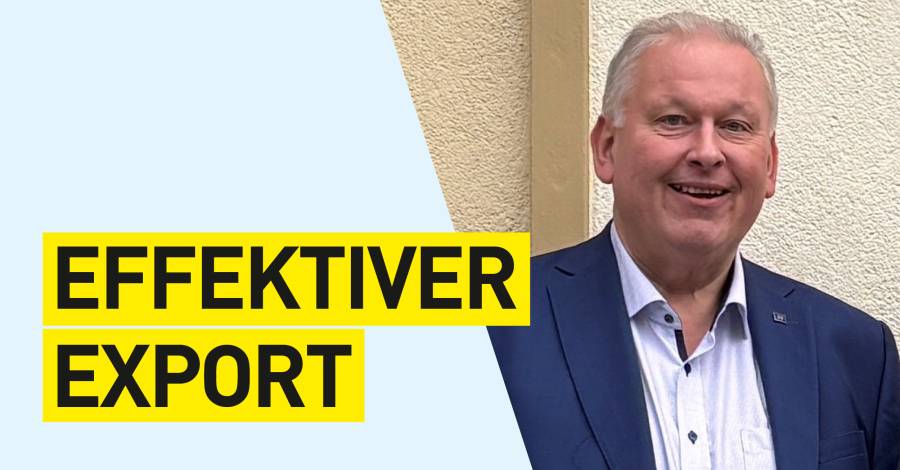 Porträt von Manfred Stallinger mit gelb hinterlegter Schrift "Effektiver Export"