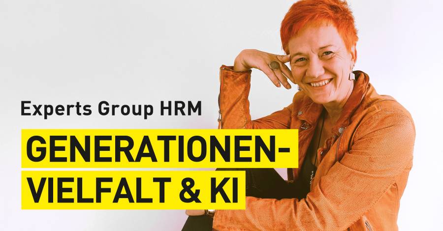 Lächelnde Person in orangefarbener Jacke, daneben Text: Generationenvielfalt & KI