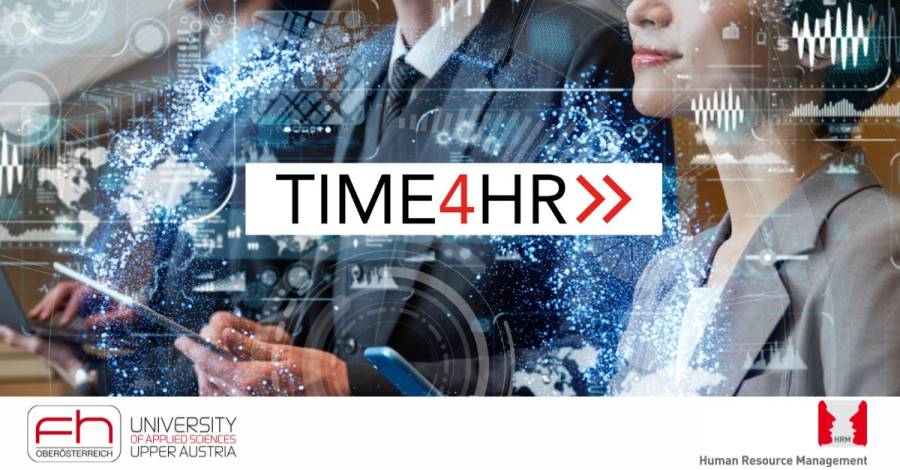 Bildausschnitt von zwei Personen mit Schriftzug "TIME4HR" mit zwei Partner-Logos